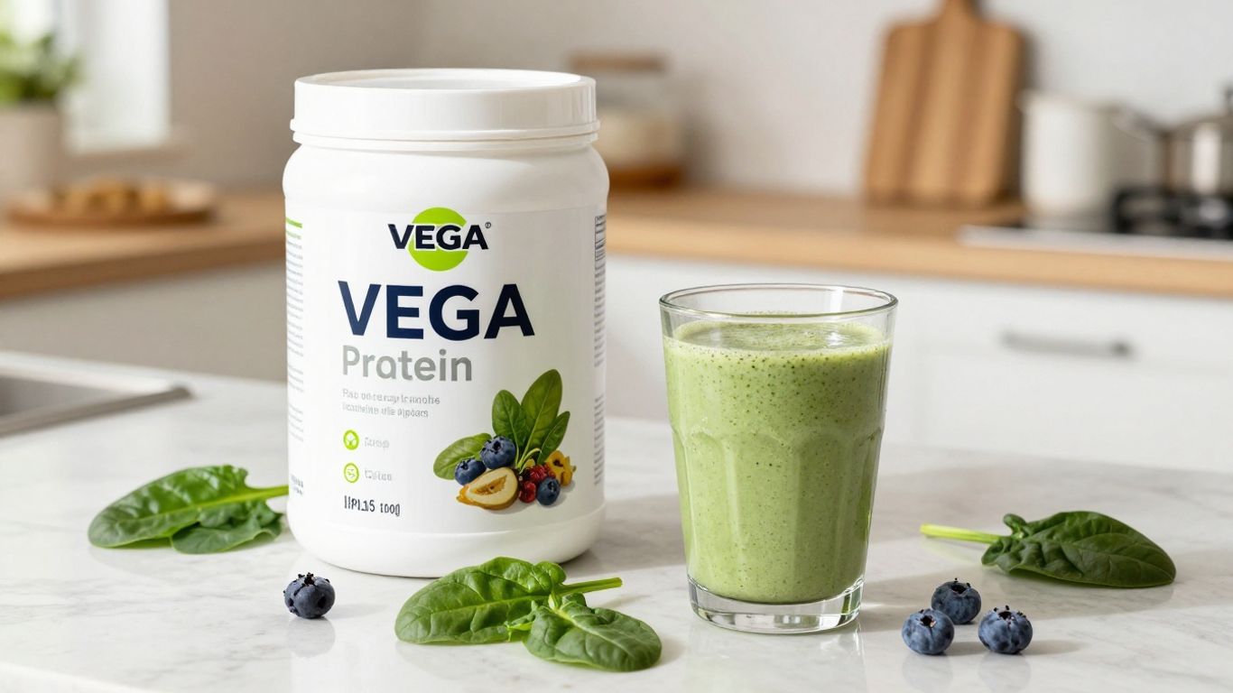 Vega protein powder and a healthy smoothie.