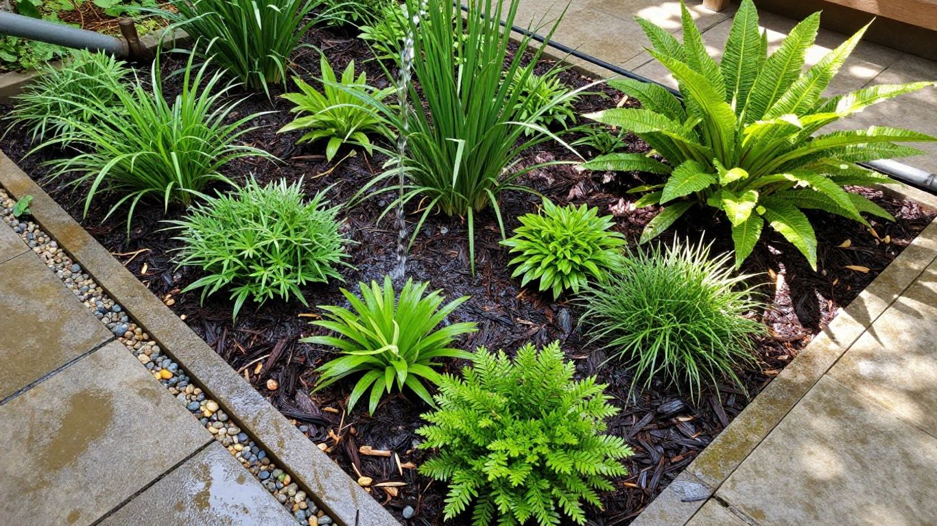 Rain garden absorbing downspout runoff next to patio.