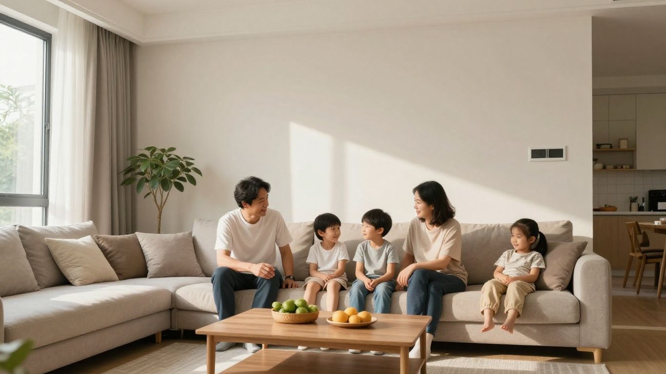 Comfortable family relaxing in climate controlled home