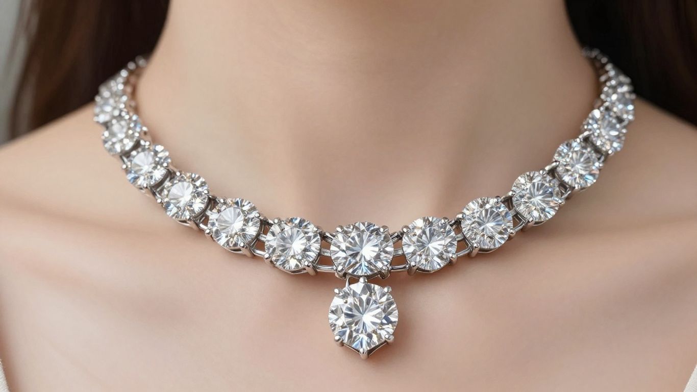 Diamond necklace and earrings with intricate metalwork.