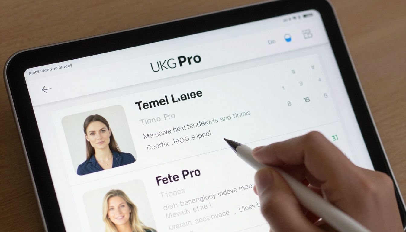 An image showing a tablet with the UKG Pro app, displaying employee timecards and schedules