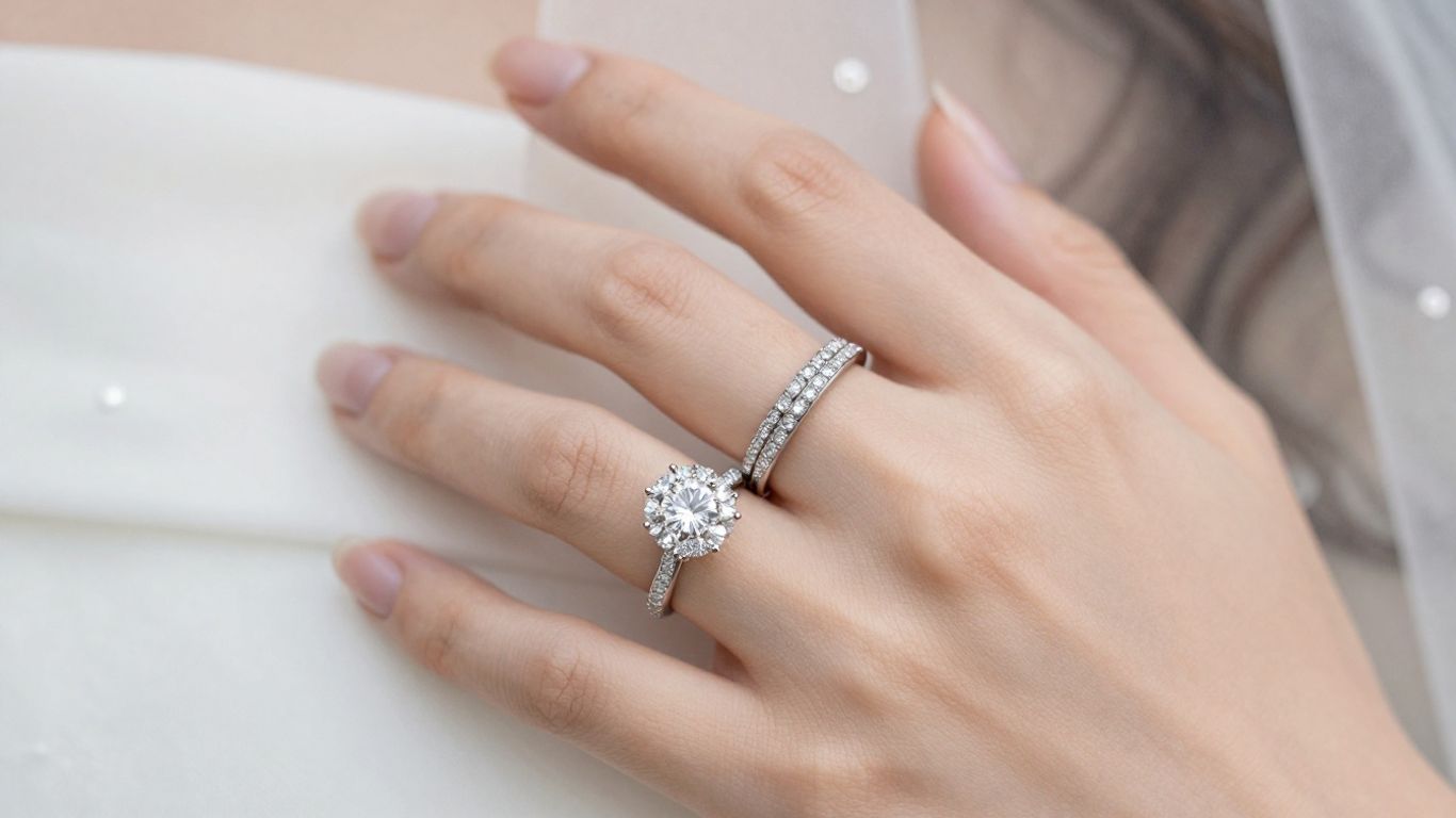 Bride's hand with diamond engagement and wedding rings.
