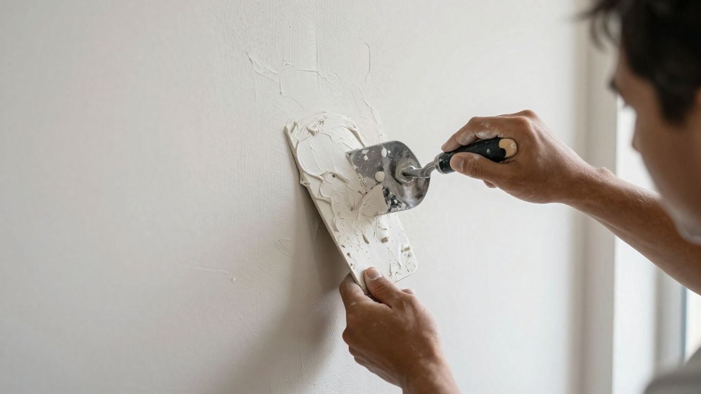 Plasterer applying smooth plaster to a wall.