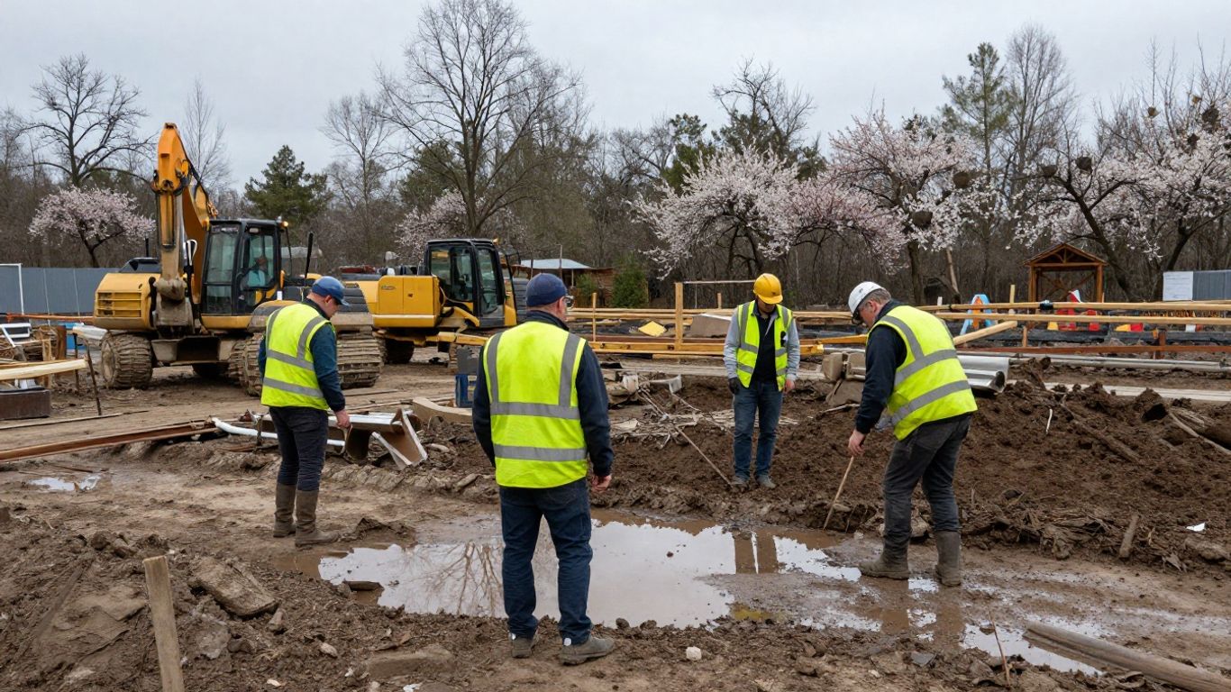 Contractors at muddy spring job site with blooming trees