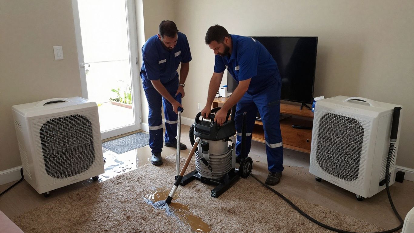 Water damage restoration team working in a flooded room.