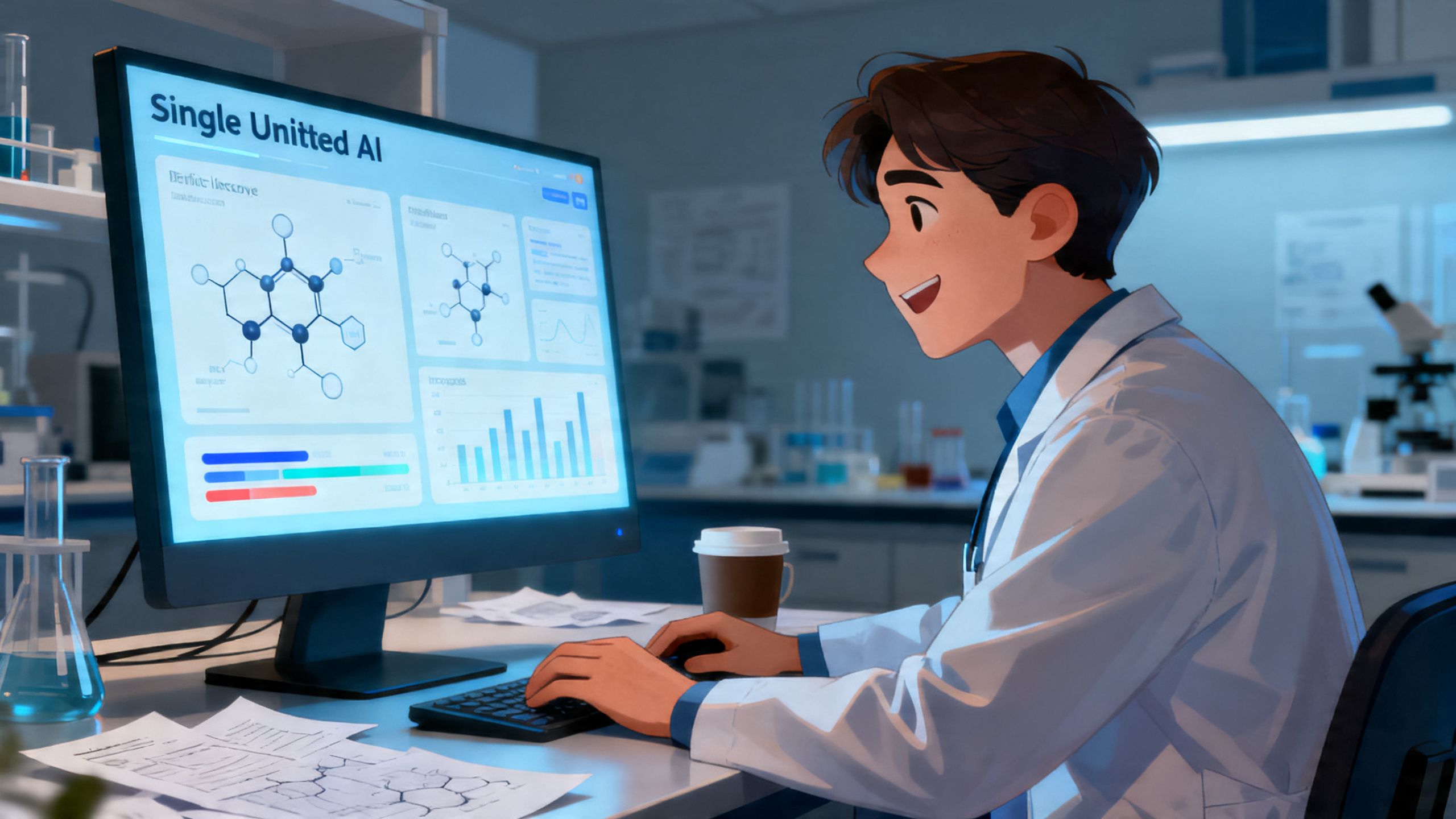 A medicinal chemist looking relieved while interacting with a single, unified AI interface on a computer screen, illustrating the efficiency of AI in drug discovery.