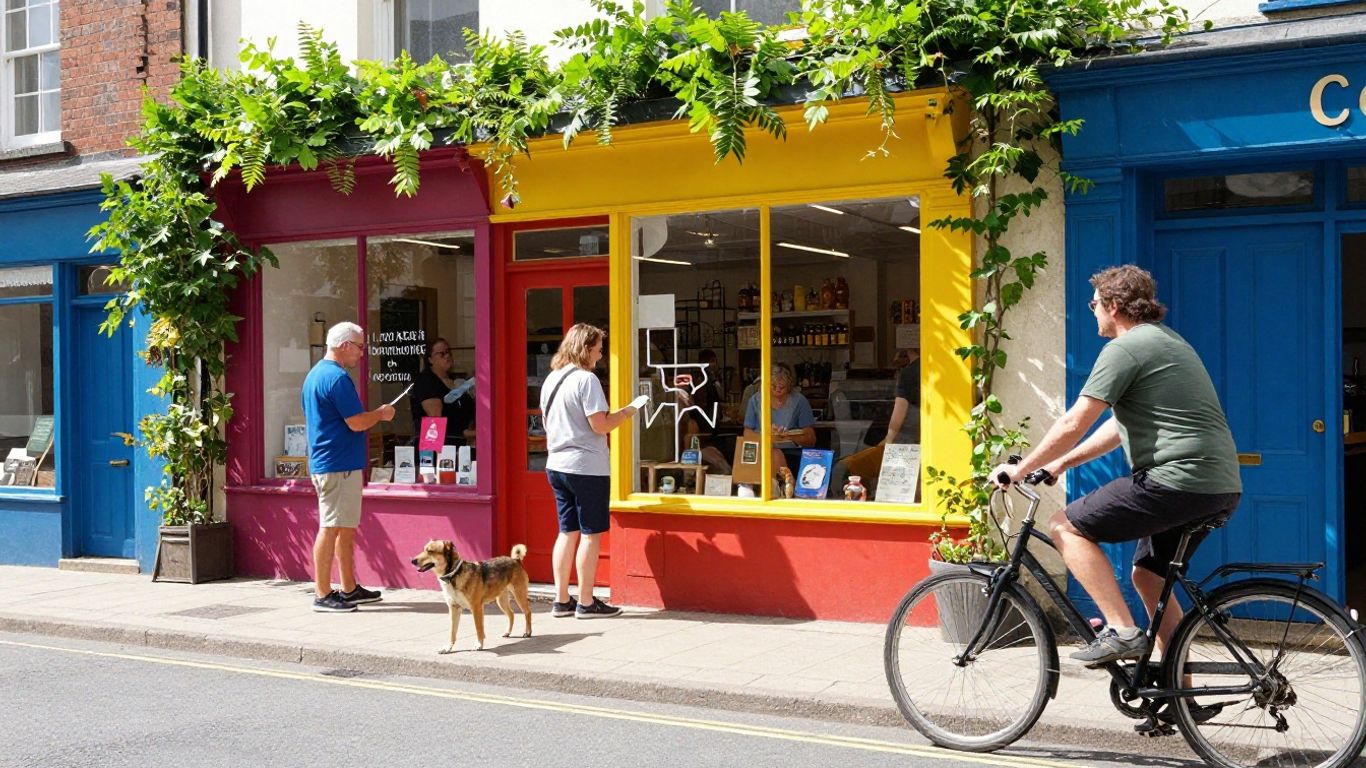Community interacting with local businesses on a sunny street.