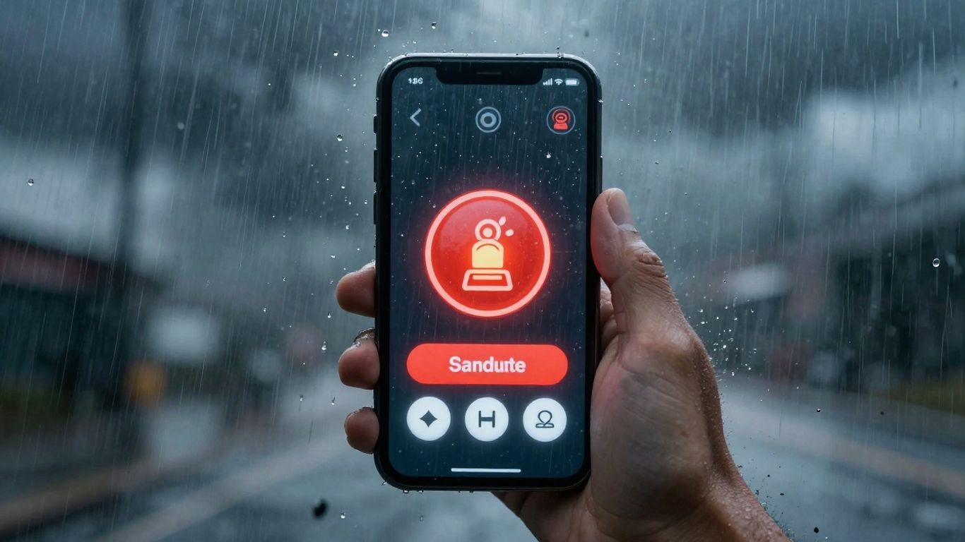 Emergency service button on a phone during a storm.