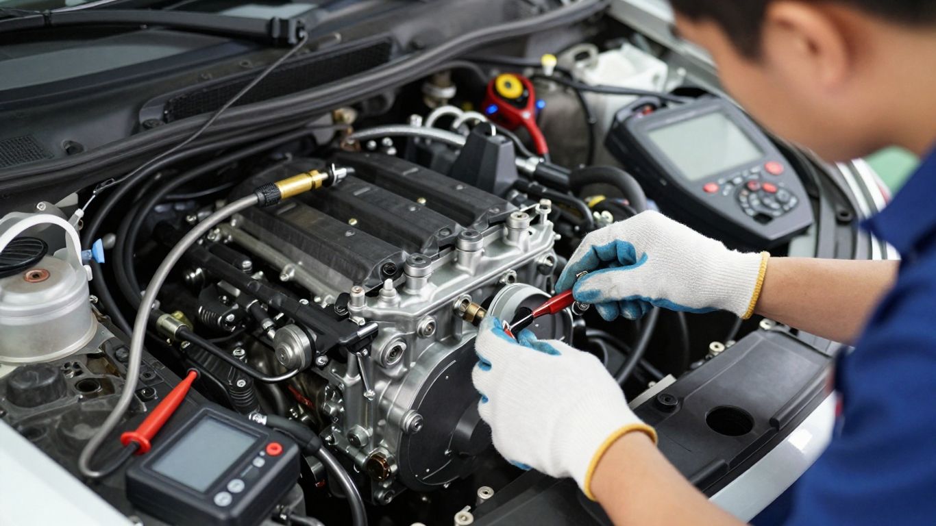 Technician inspecting vehicle motor components