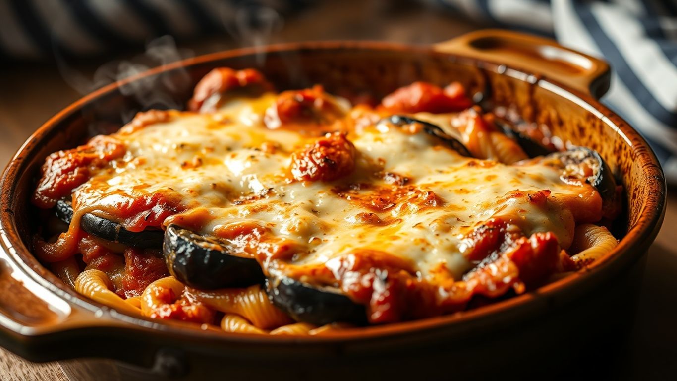 Delicious baked ziti with melted cheese and eggplant.