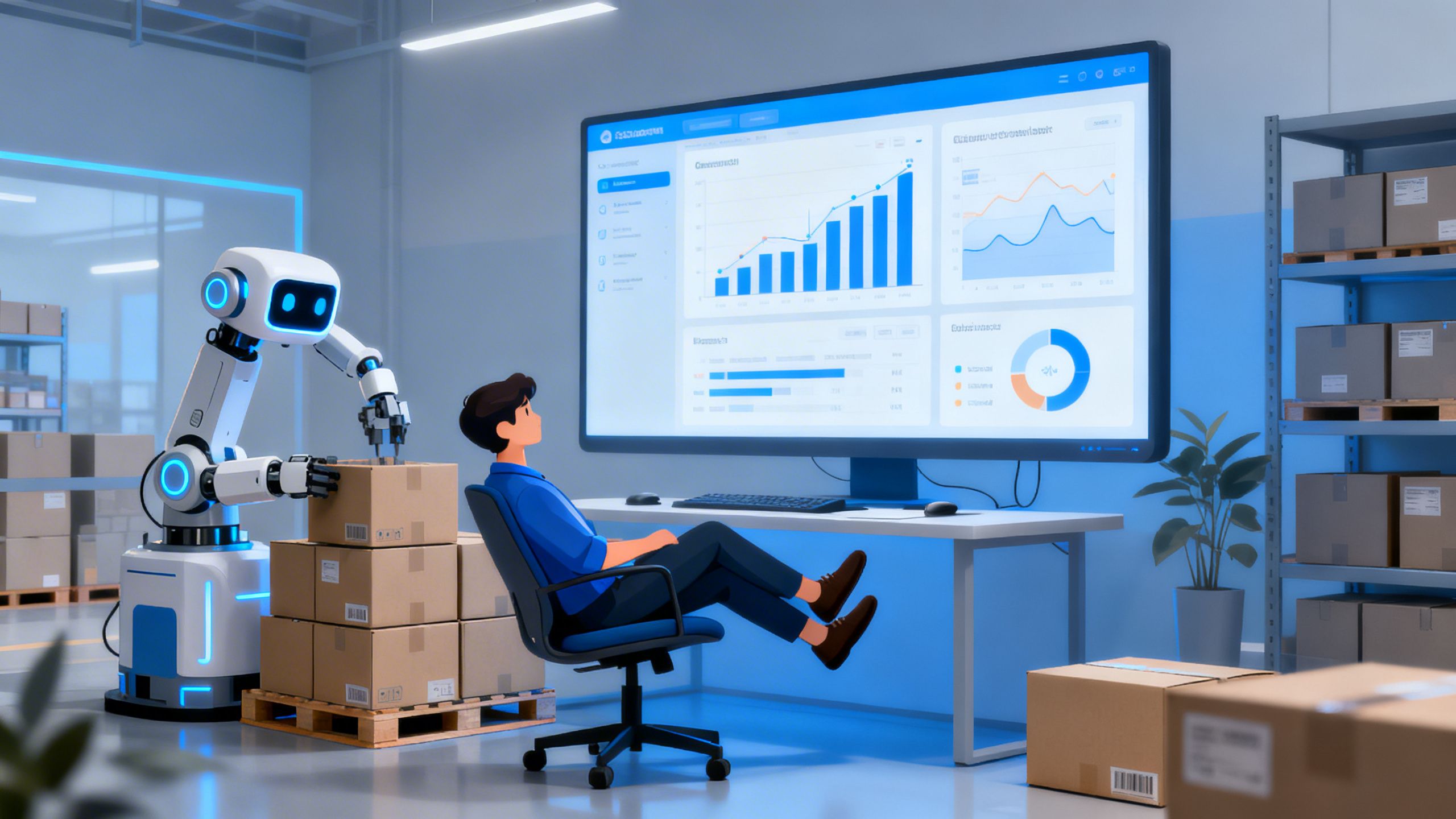 An eCommerce seller relaxing in a chair with their feet up, while a friendly robot arm efficiently organizes boxes and manages charts on a large screen, illustrating the power of agentic AI.