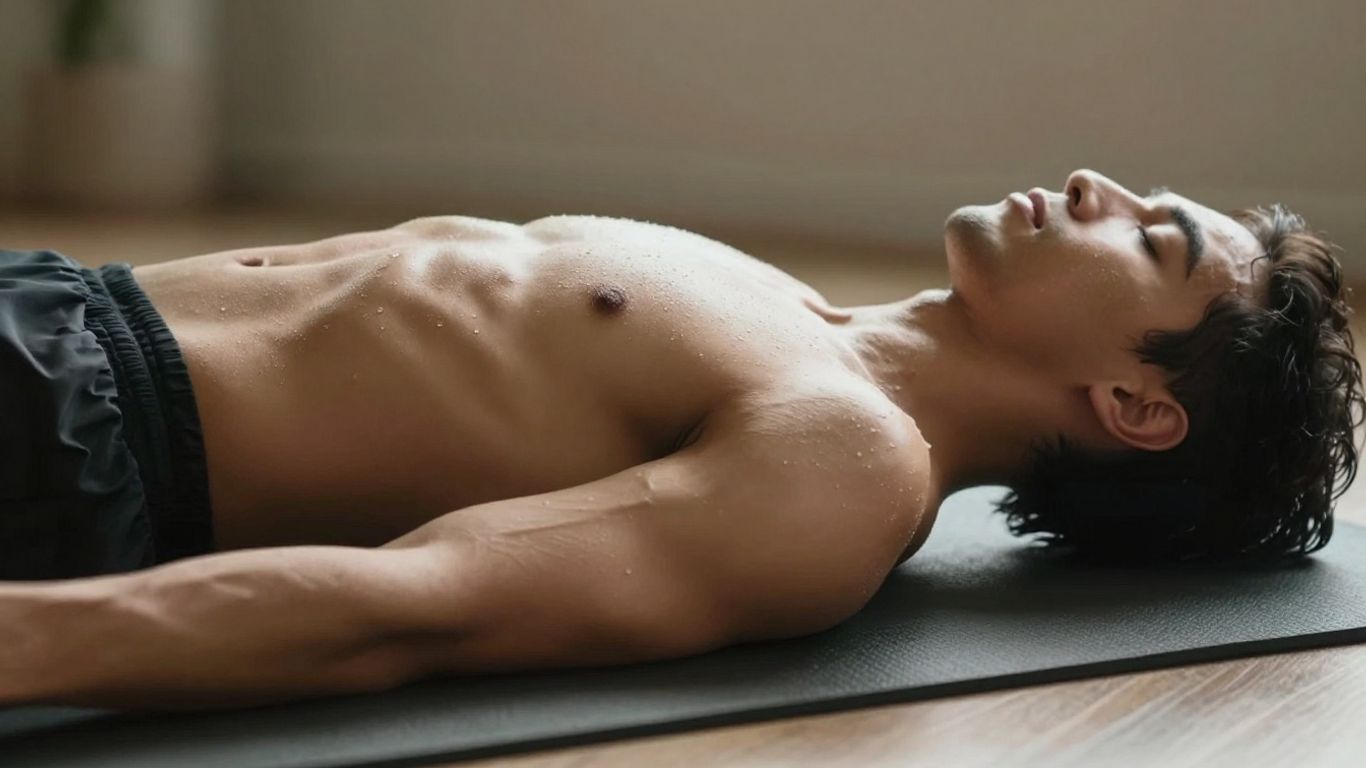 Person resting after workout, recovering muscle strength.