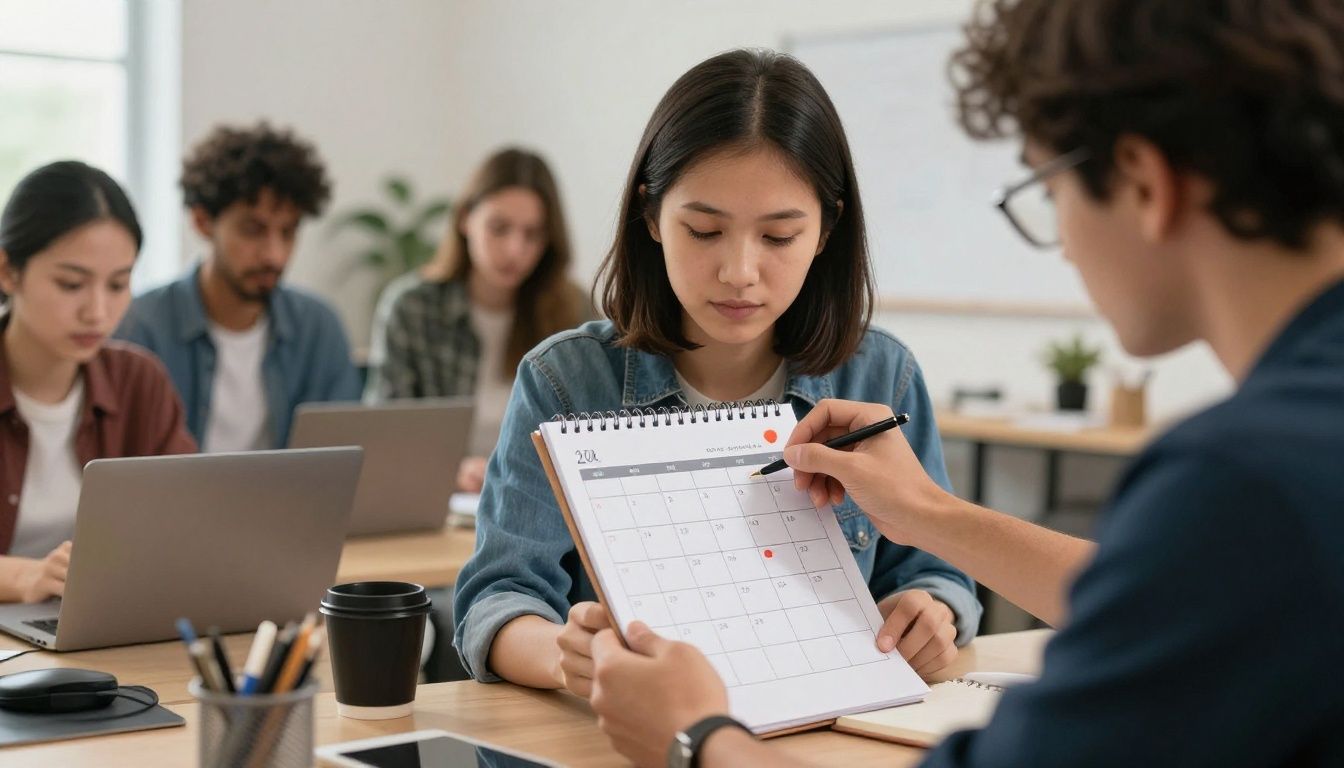 A diverse group of busy adults carving out focused time for personal goals amid a chaotic, multitasking environment, with one person calmly marking a small spot on their calendar.