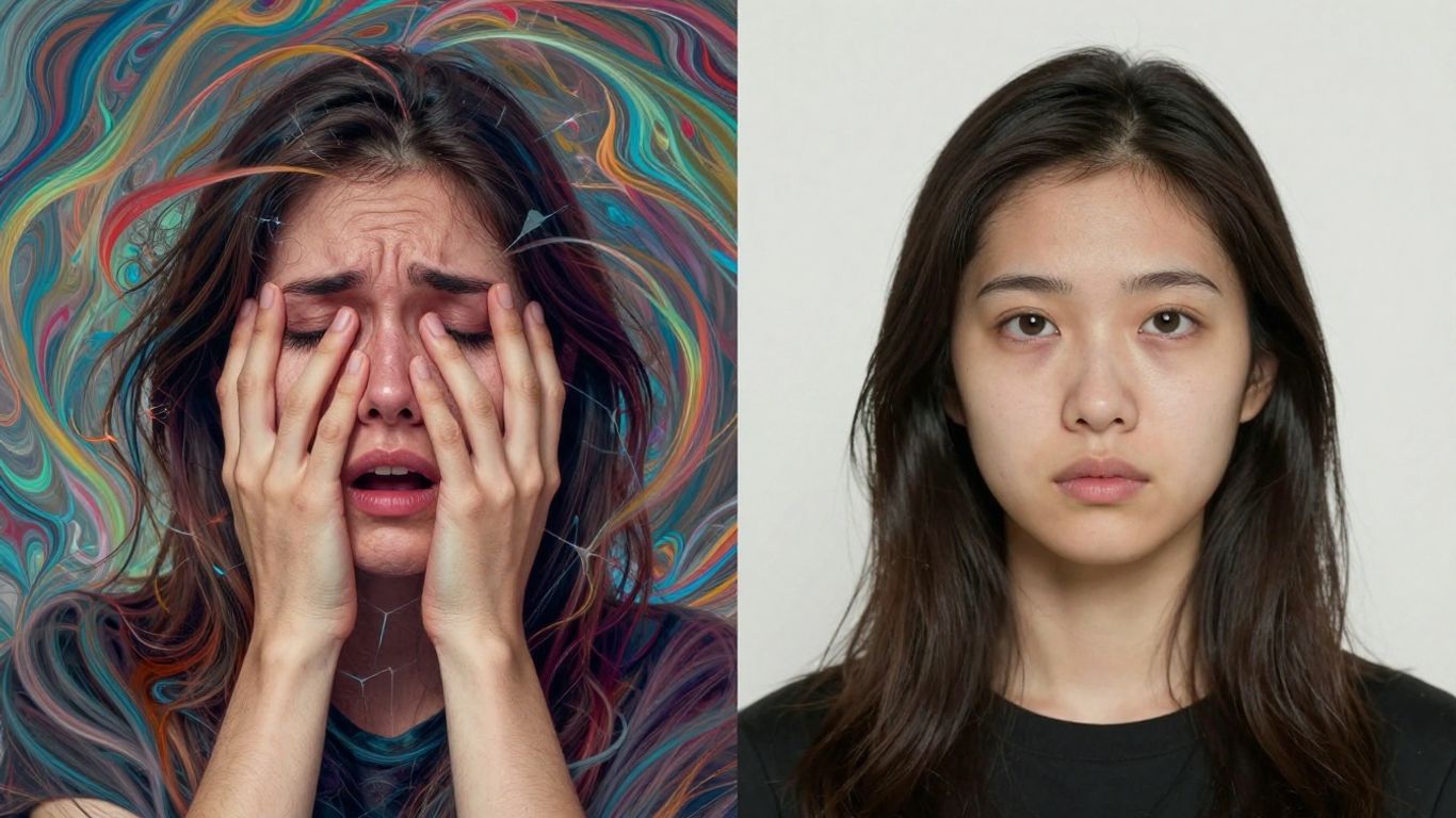 Duas pessoas com expressões contrastantes, representando estados mentais diferentes.