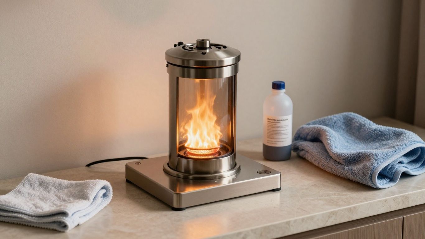 Bioethanol burner beside fuel bottle and cleaning cloth