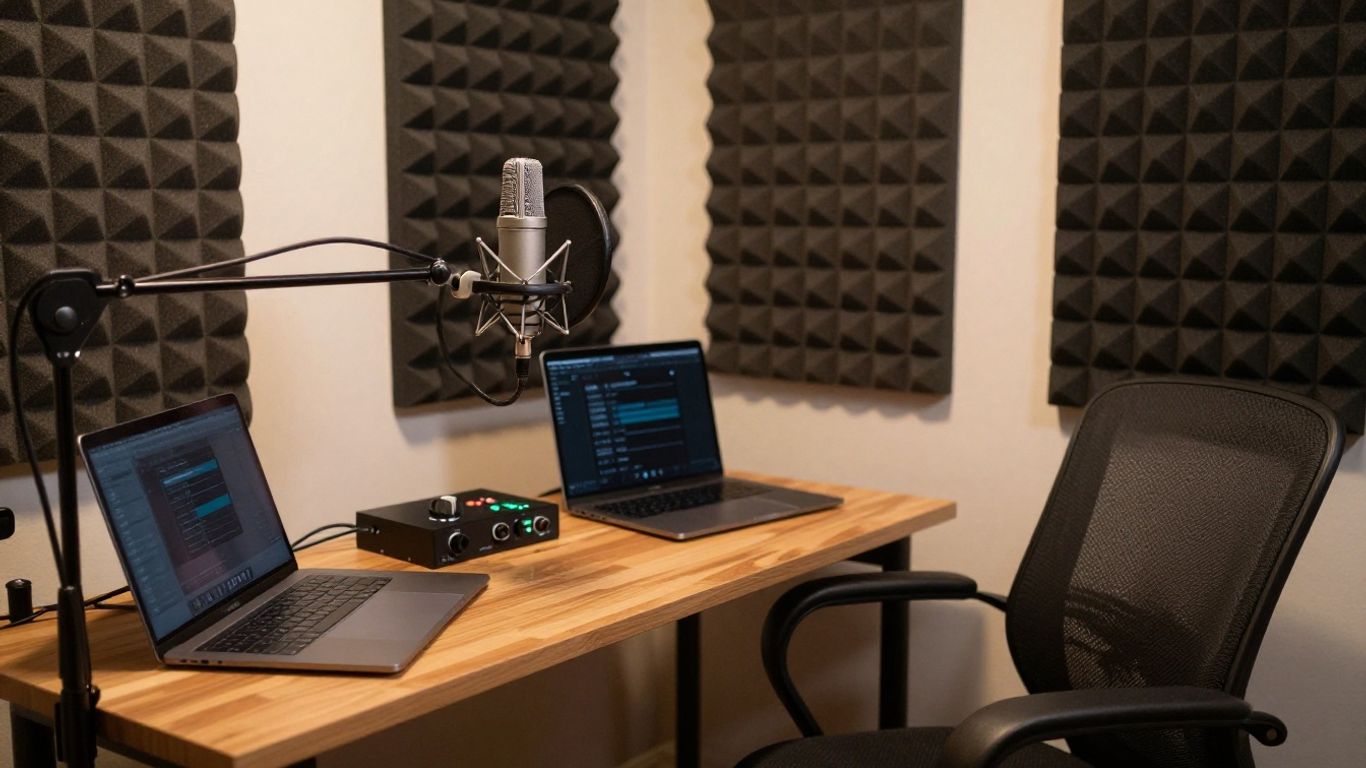Budget home studio setup with microphone and equipment.