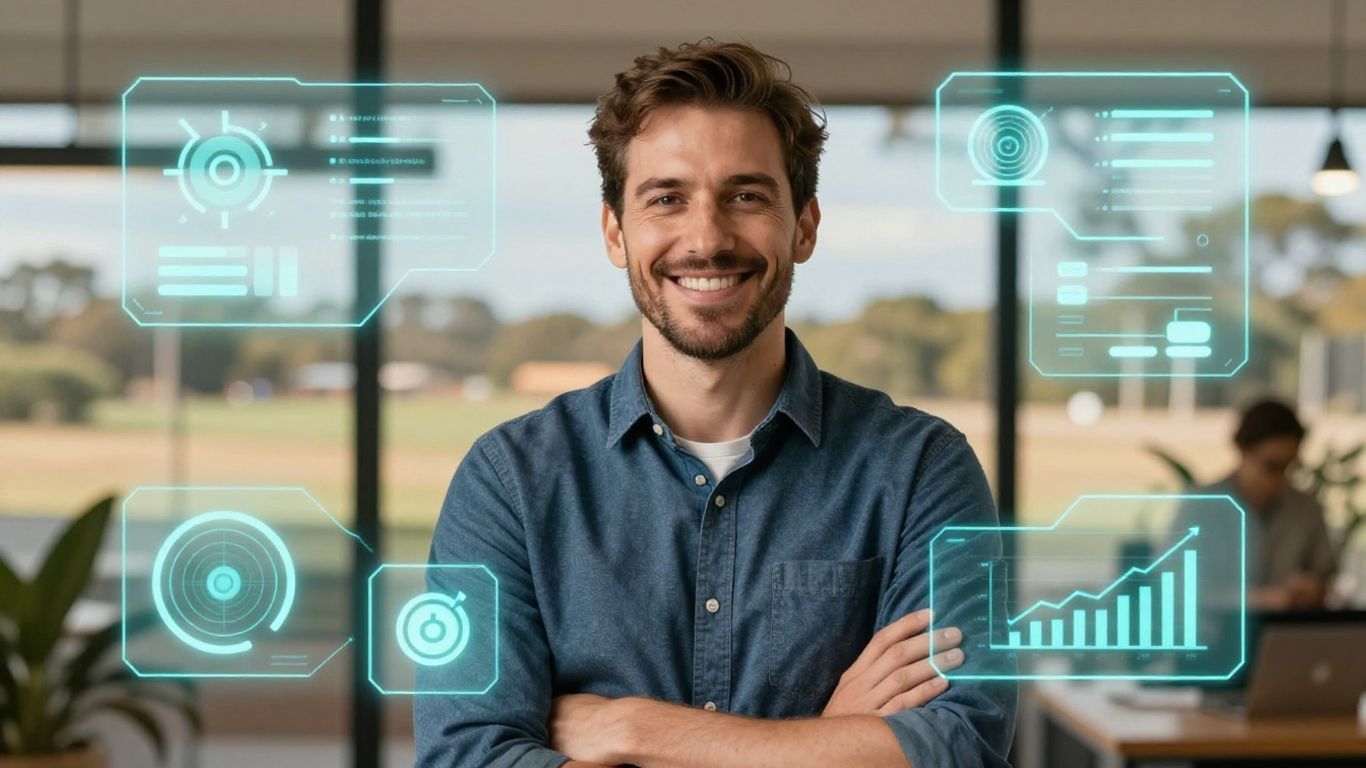 Small business owner with AI technology in Australia