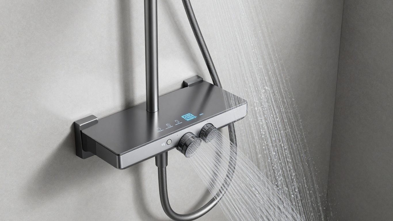 Modern digital shower control panel in a steamy shower.