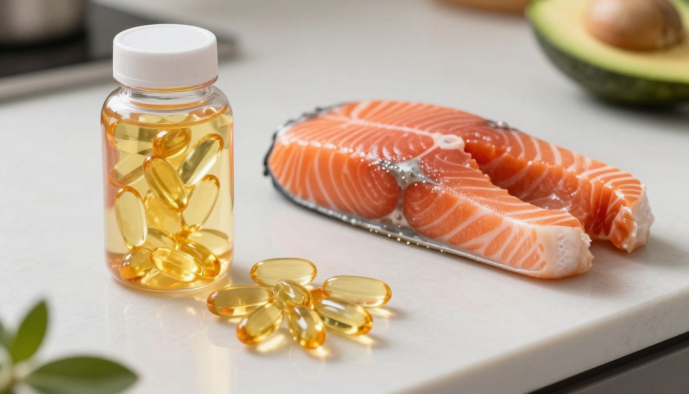A close-up of a high-quality fish oil capsule next to a fresh piece of salmon and avocado on a clean, modern kitchen counter.