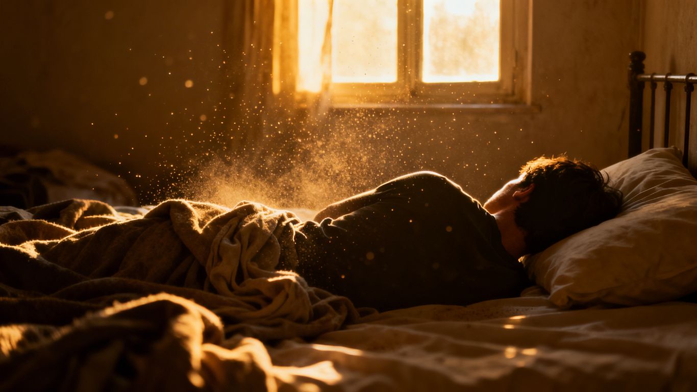 Person in bed, struggling to get up.