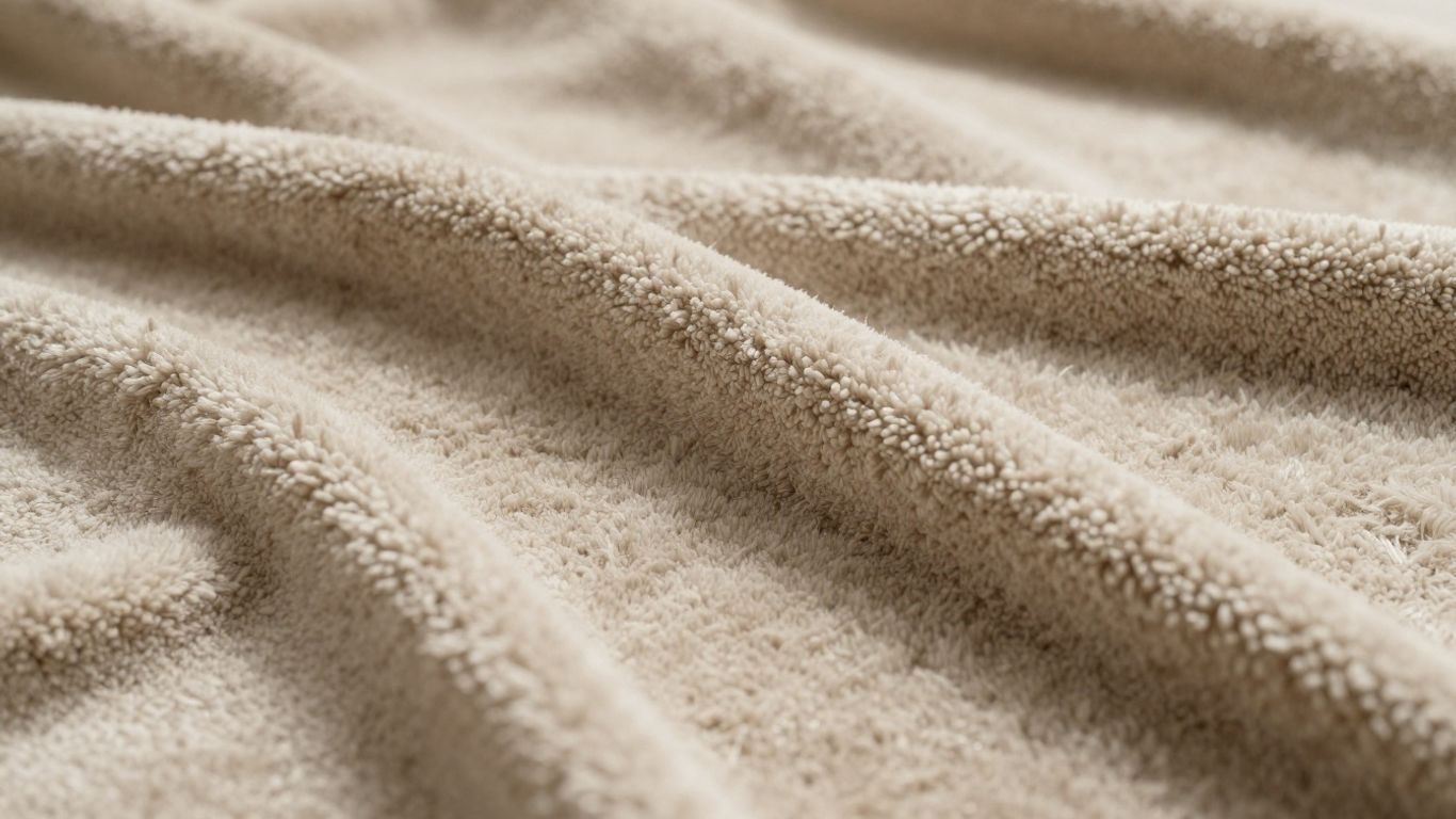 Plush beige triexta carpet texture close-up.