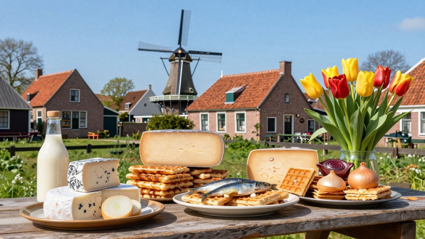 Dutch village market food with windmill and tulips