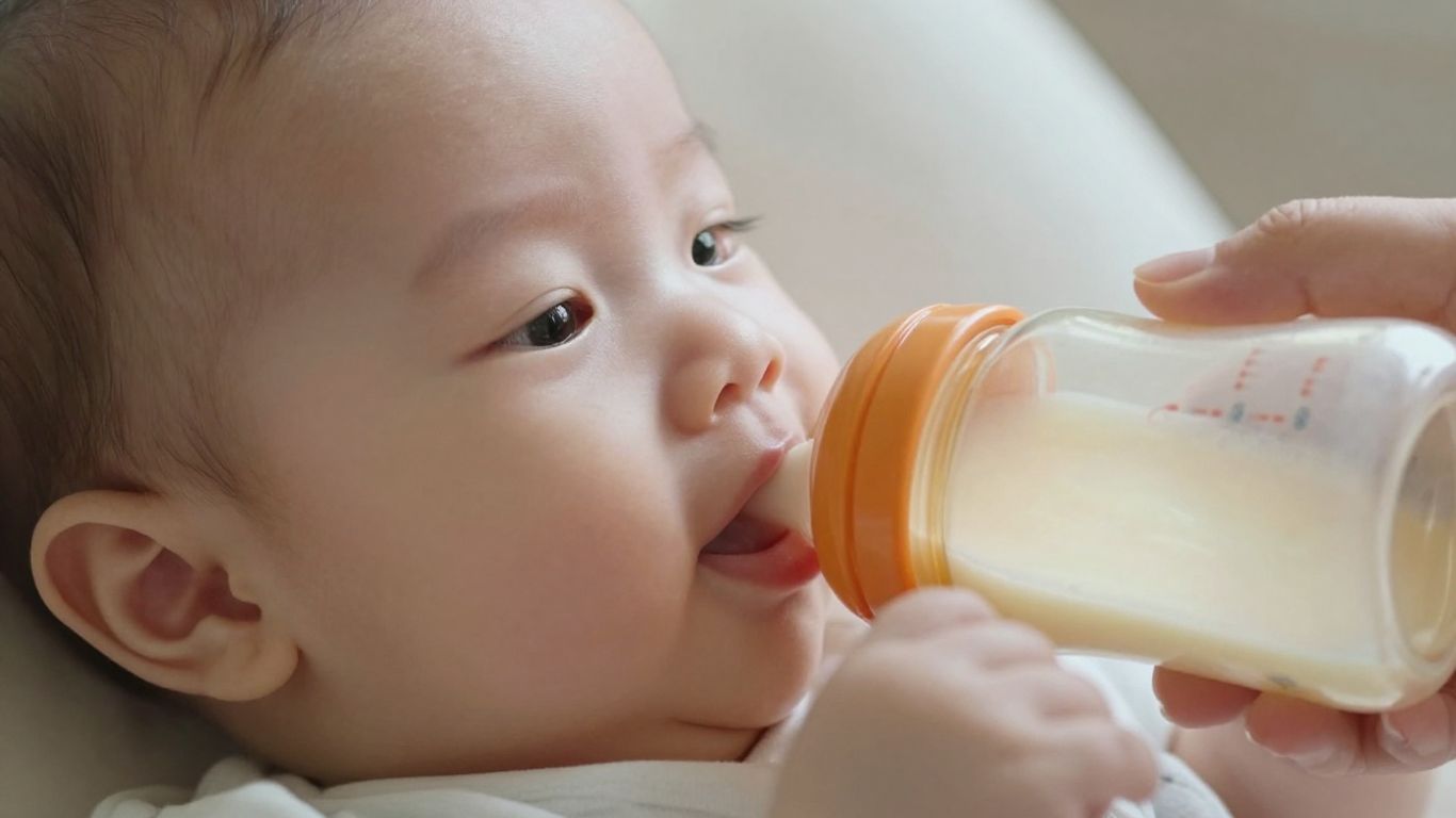 Bebé feliz bebiendo leche sin lactosa.