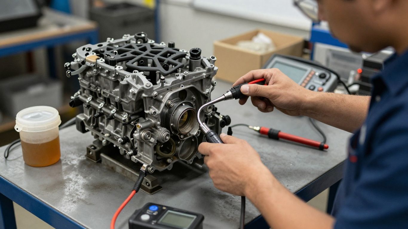 Technician inspecting a used vehicle engine