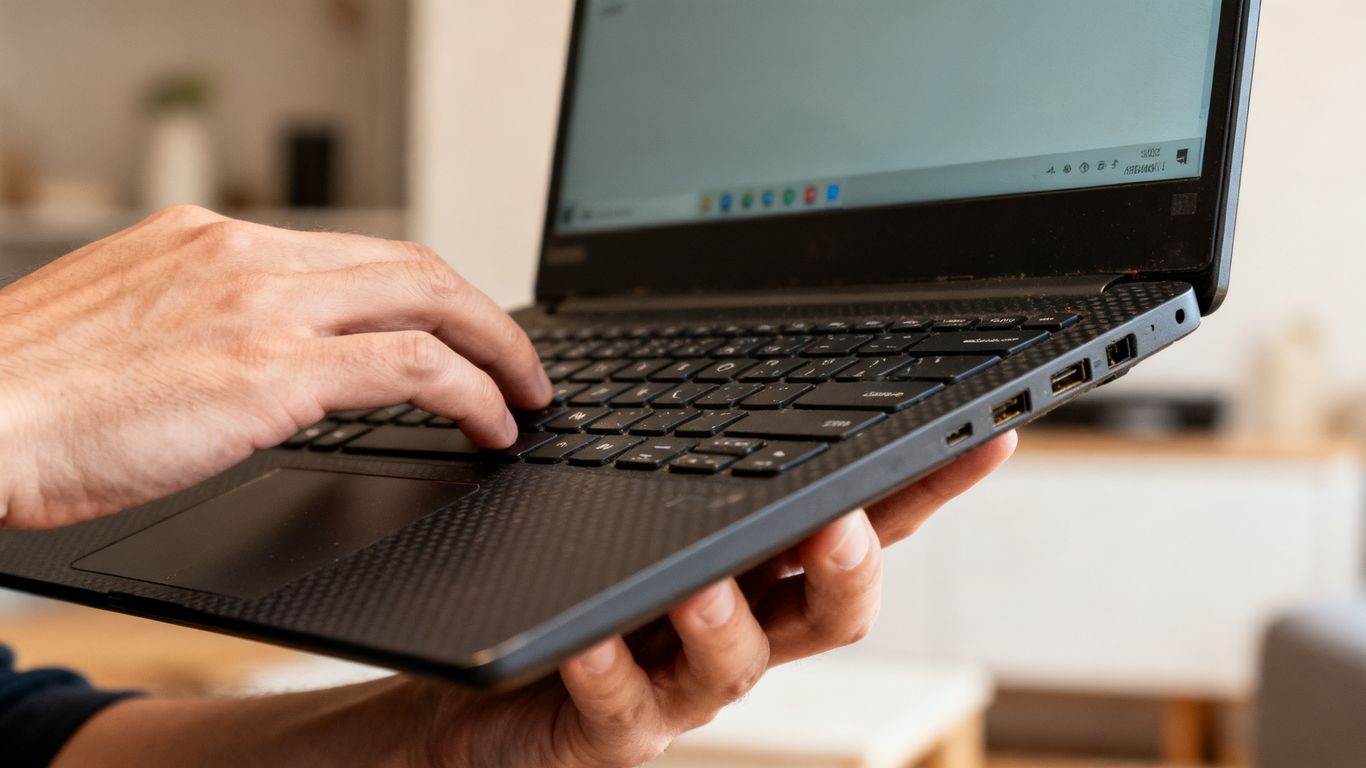 Brugt laptop i hænderne på en person