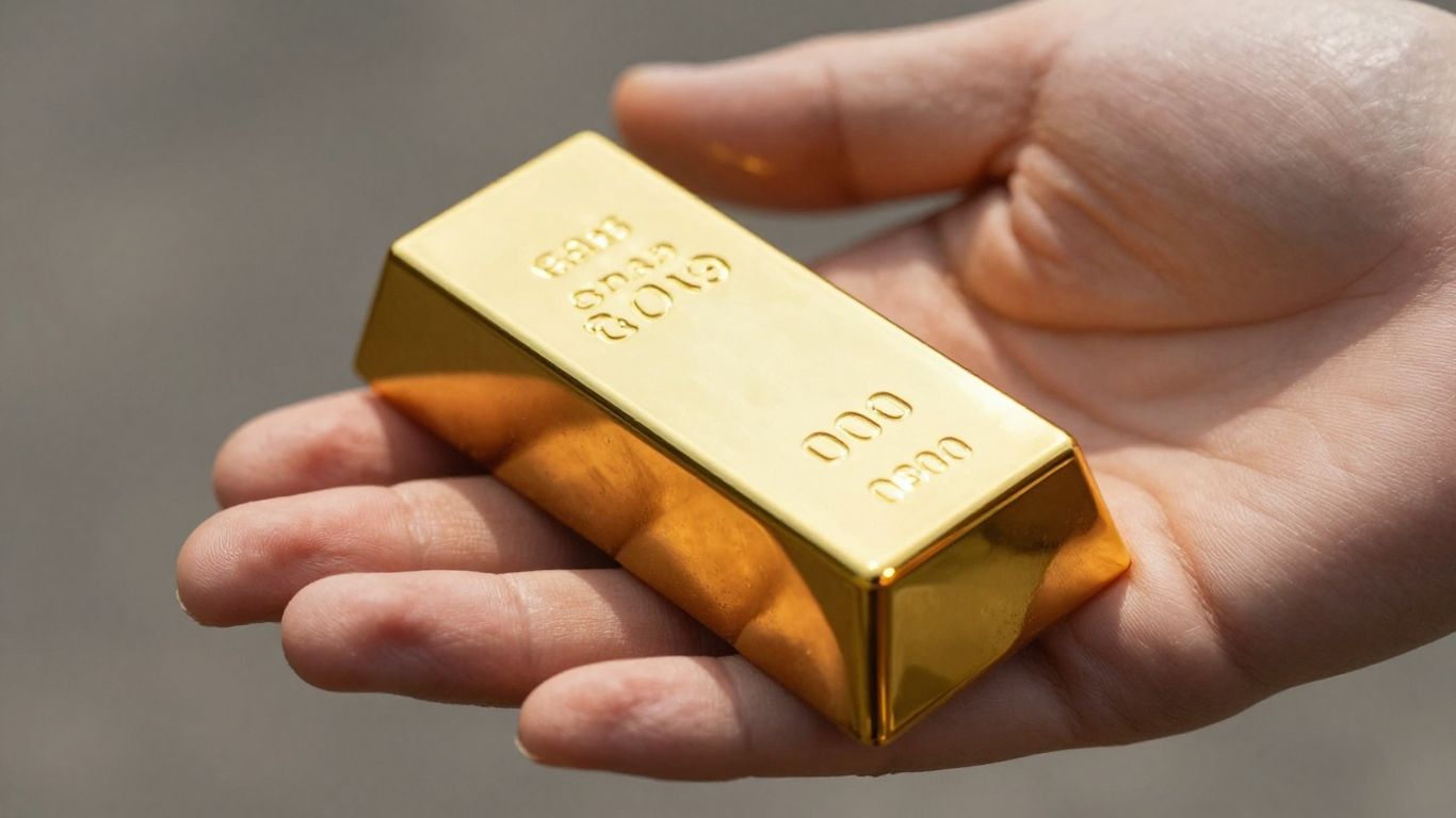 一只金色的手拿着一根闪亮的小金条。