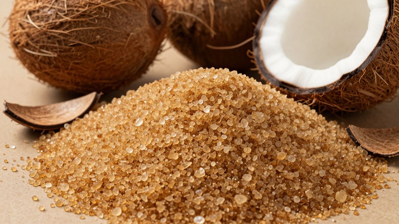 Pile of coconut sugar with husks and coconut