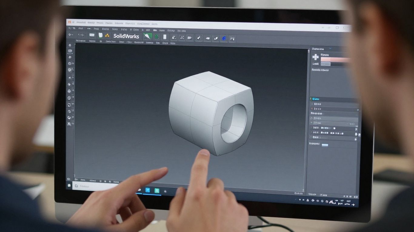 SolidWorks interface with 3D product models and hands.