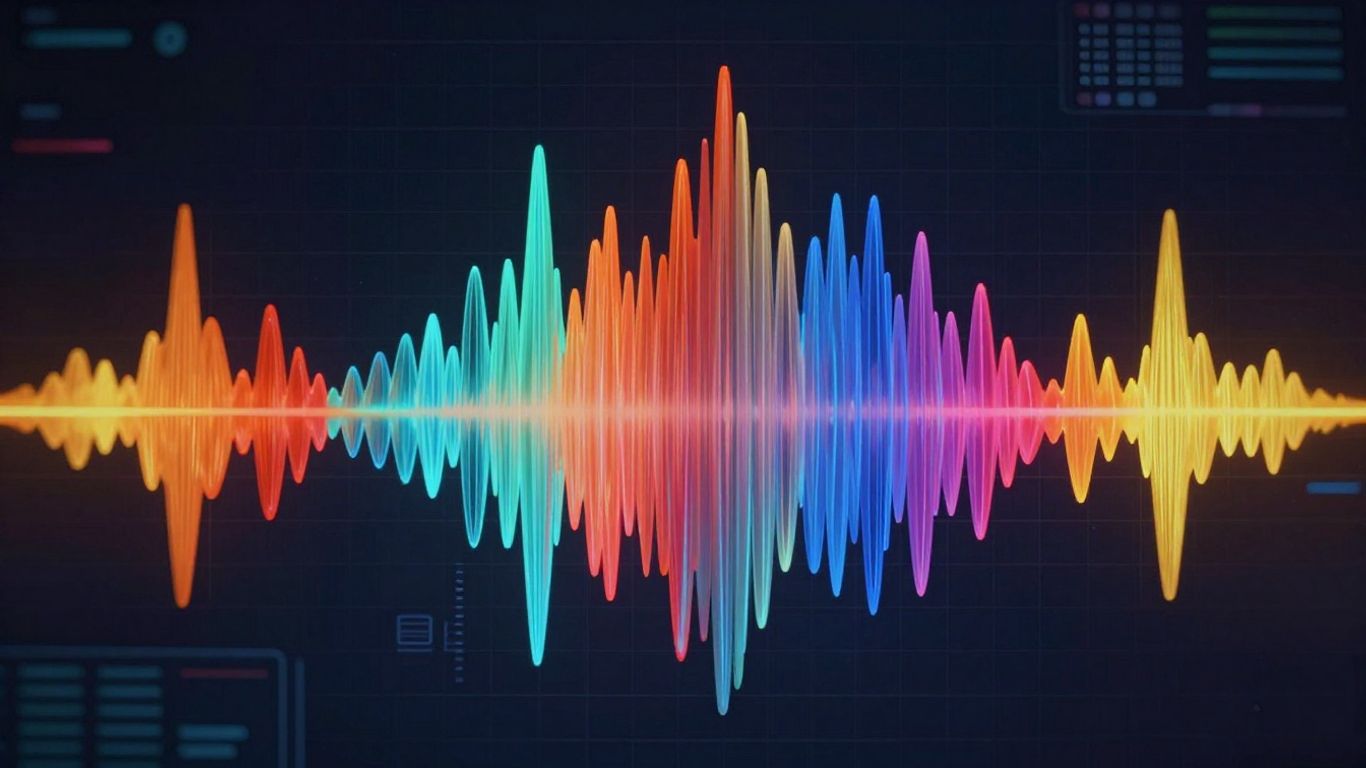 AI music generation interface with colorful sound waves.