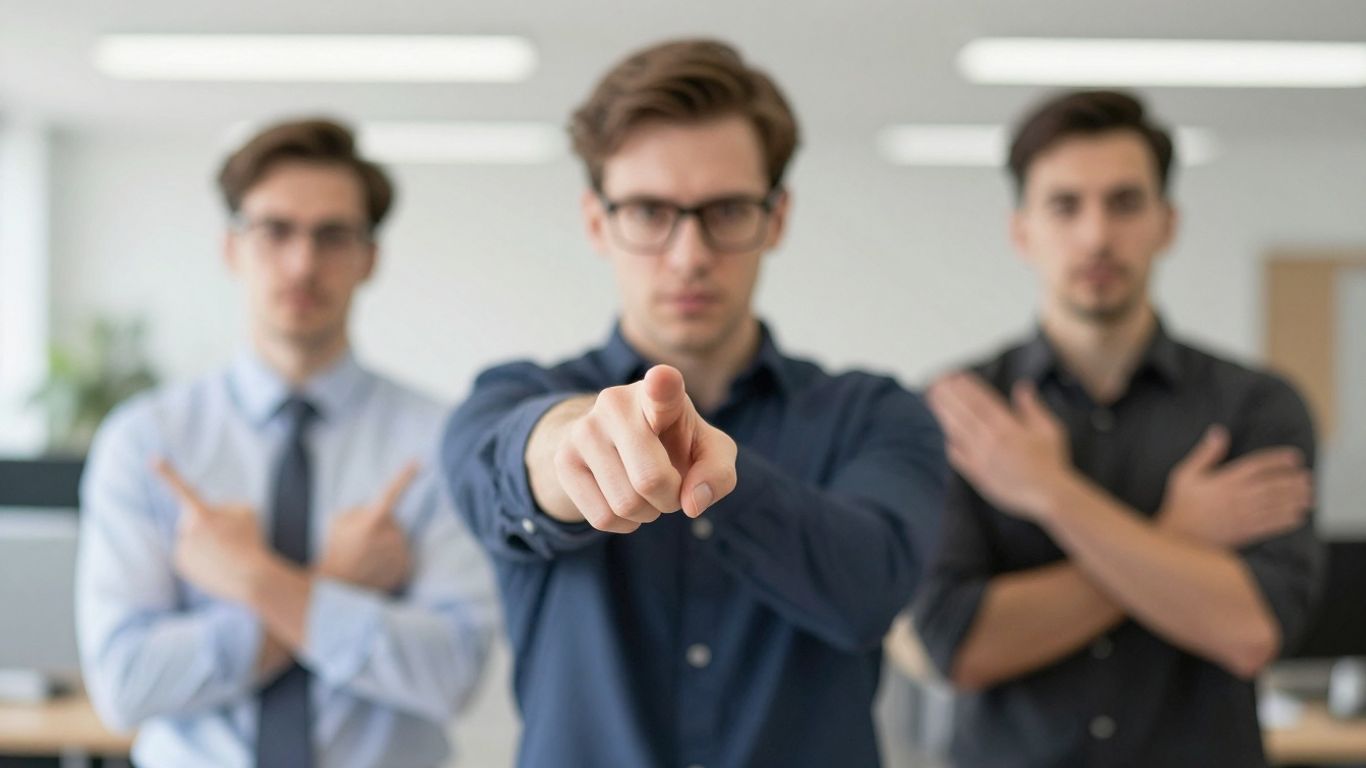 Person making a decisive gesture, another person blocking.