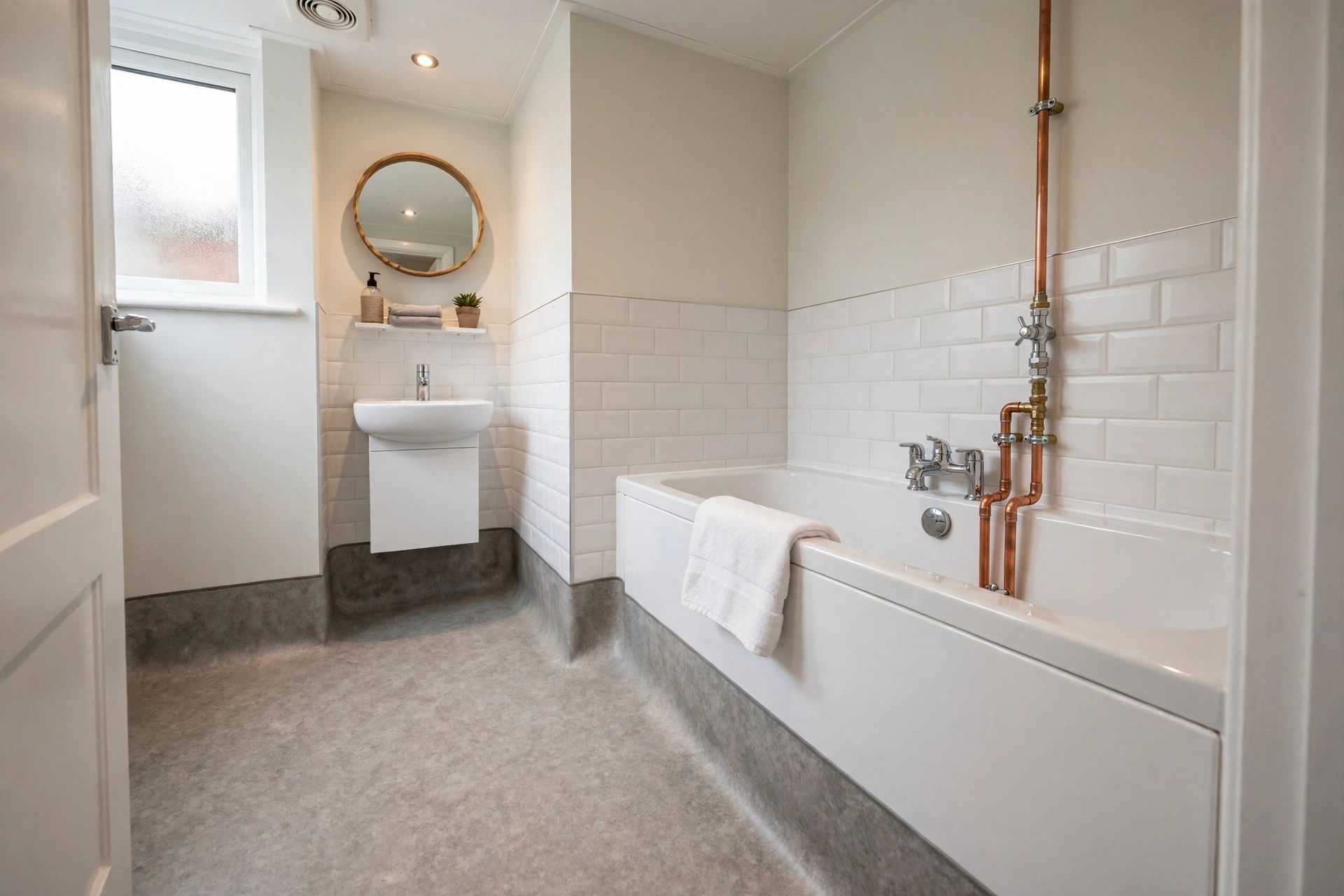 A professionally fitted sheet-vinyl floor in a compact bathroom, with a neat coved edge rising up the wall beside the bath and carefully finished pipework