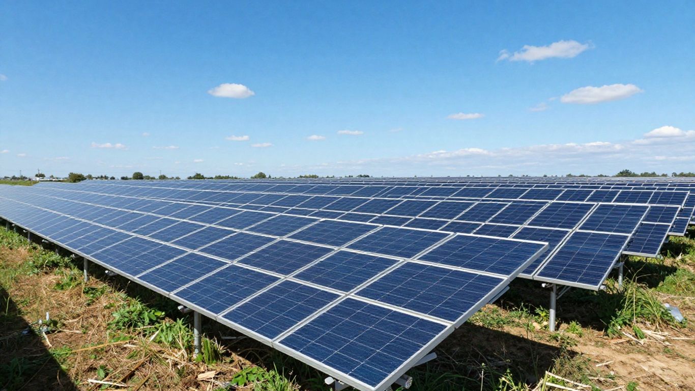 Sun shining over a field of solar panels.