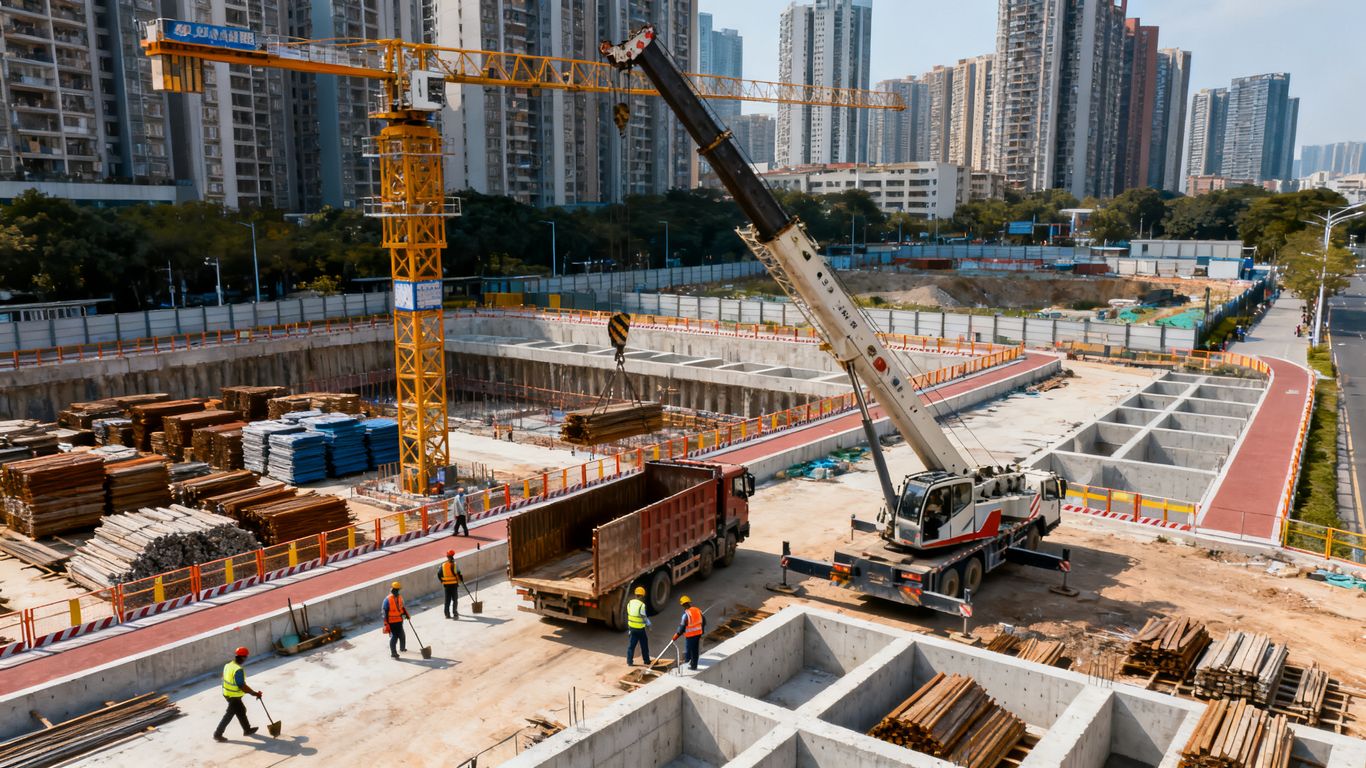 Urban construction logistics with cranes and delivery routes