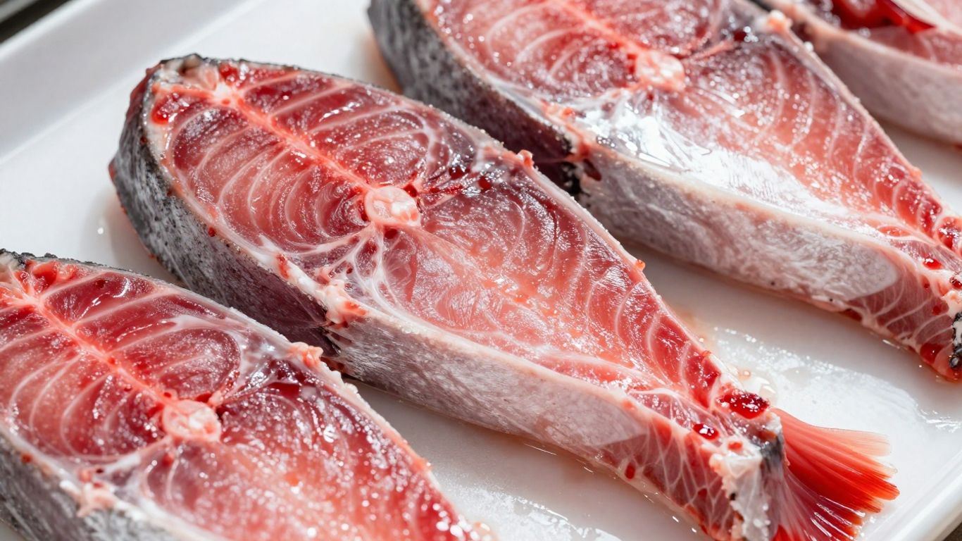 Fresh tuna steaks, glistening and red, ready for market.
