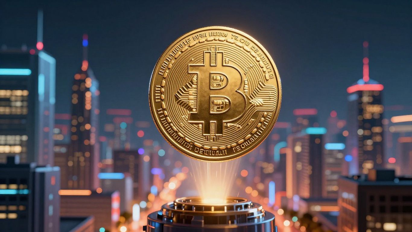 Golden Bitcoin coin soaring towards a futuristic city skyline.