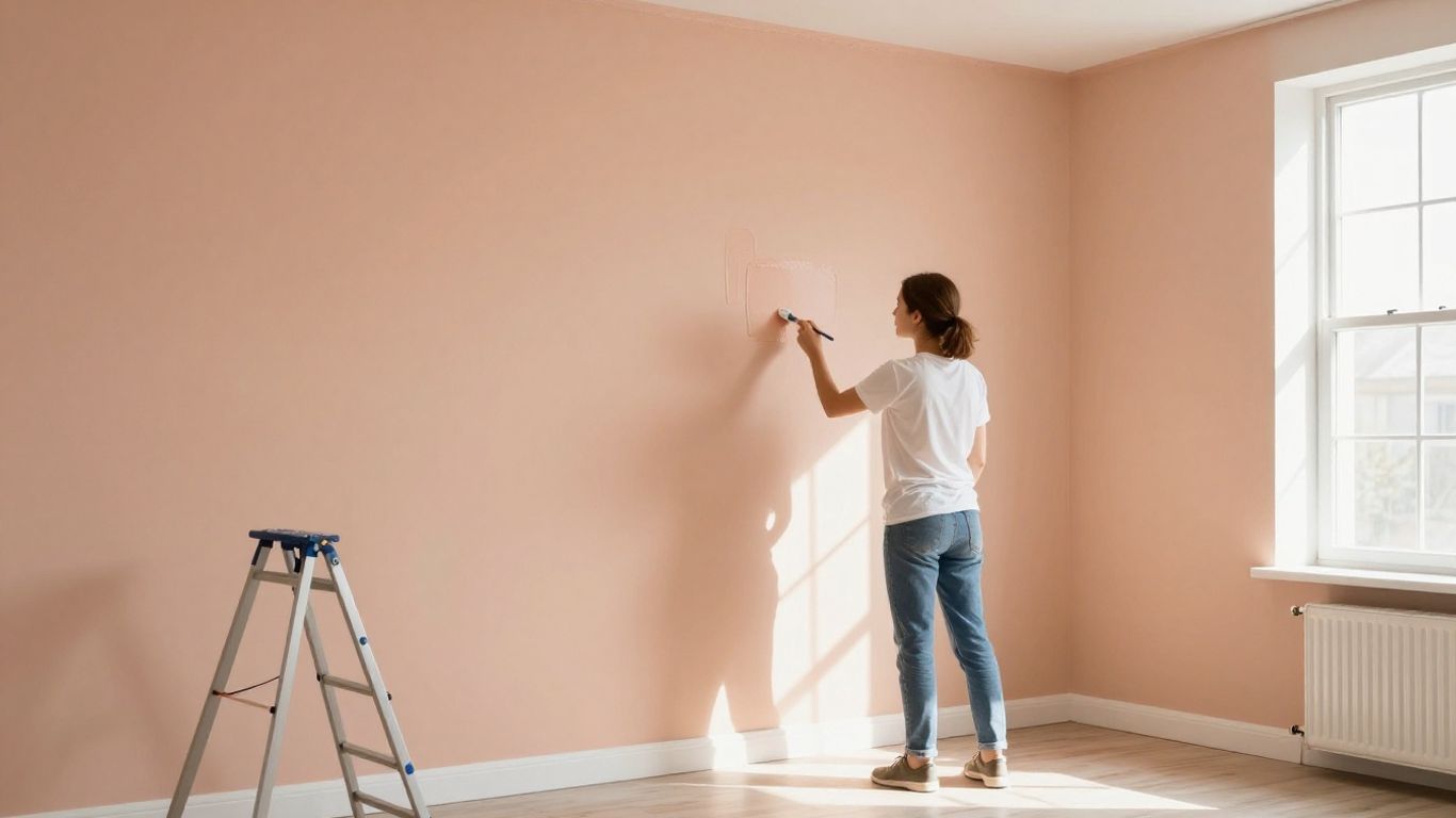 Painter applying fresh paint to a living room wall.