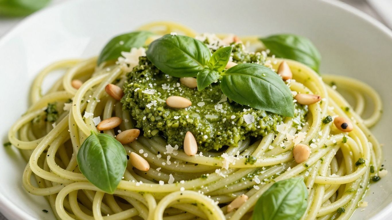 Pesto pasta with fresh basil and Parmesan cheese.