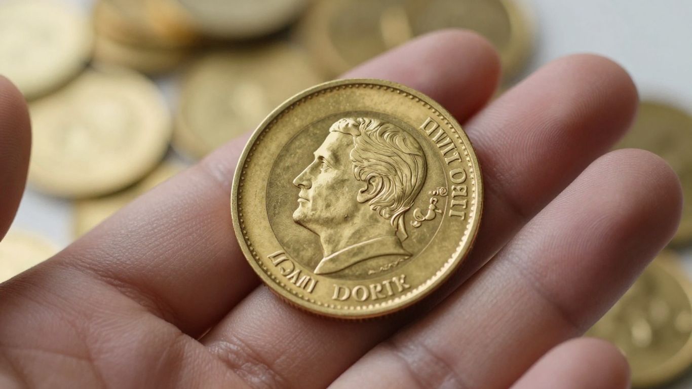 Main d'une personne tenant une pièce d'or brillante.