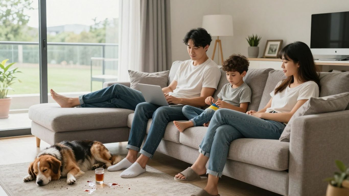 Familia en sala moderna con mascota y niño jugando.