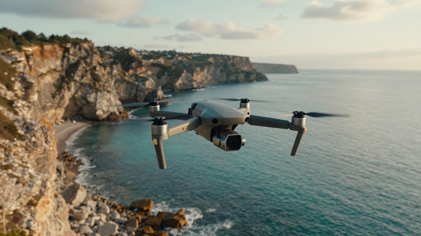 Compact drone capturing coastal landscape
