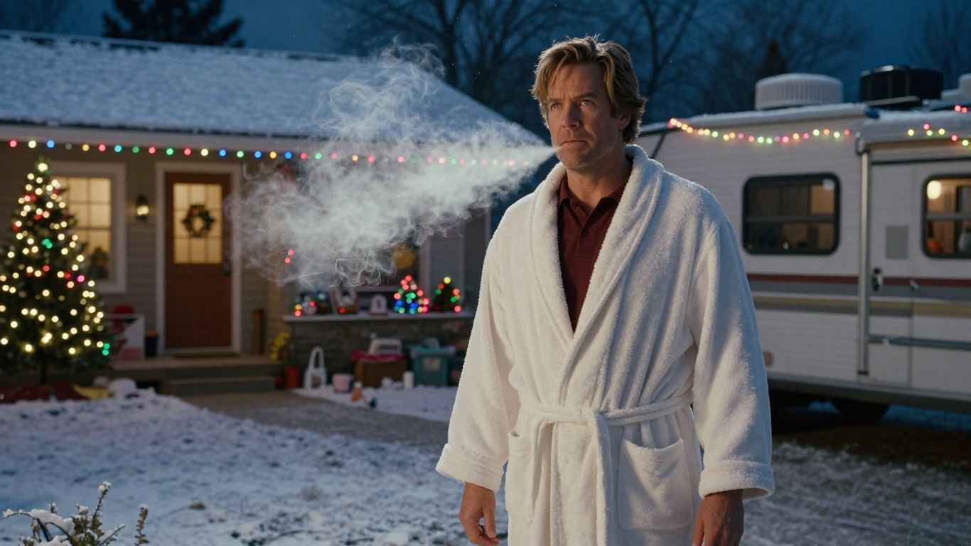Cousin Eddie in a bathrobe near a snowy suburban house