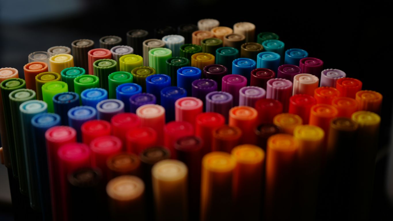 Organized markers on a shelf