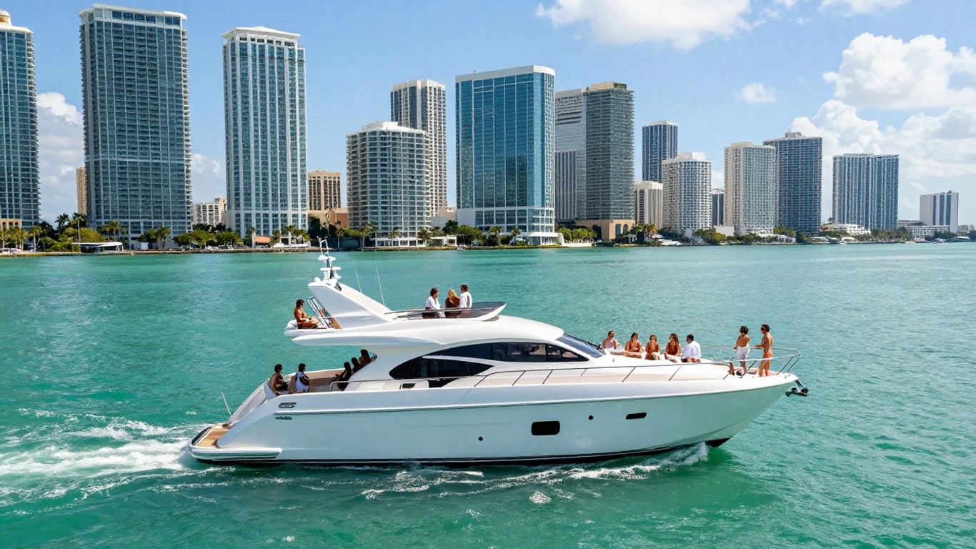 Luxury yacht rental in Miami with 20 people on deck.