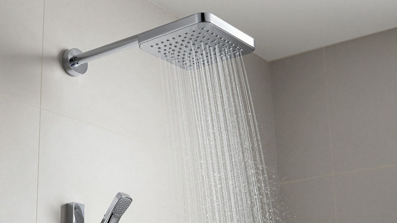 Square rainfall shower head with water falling.
