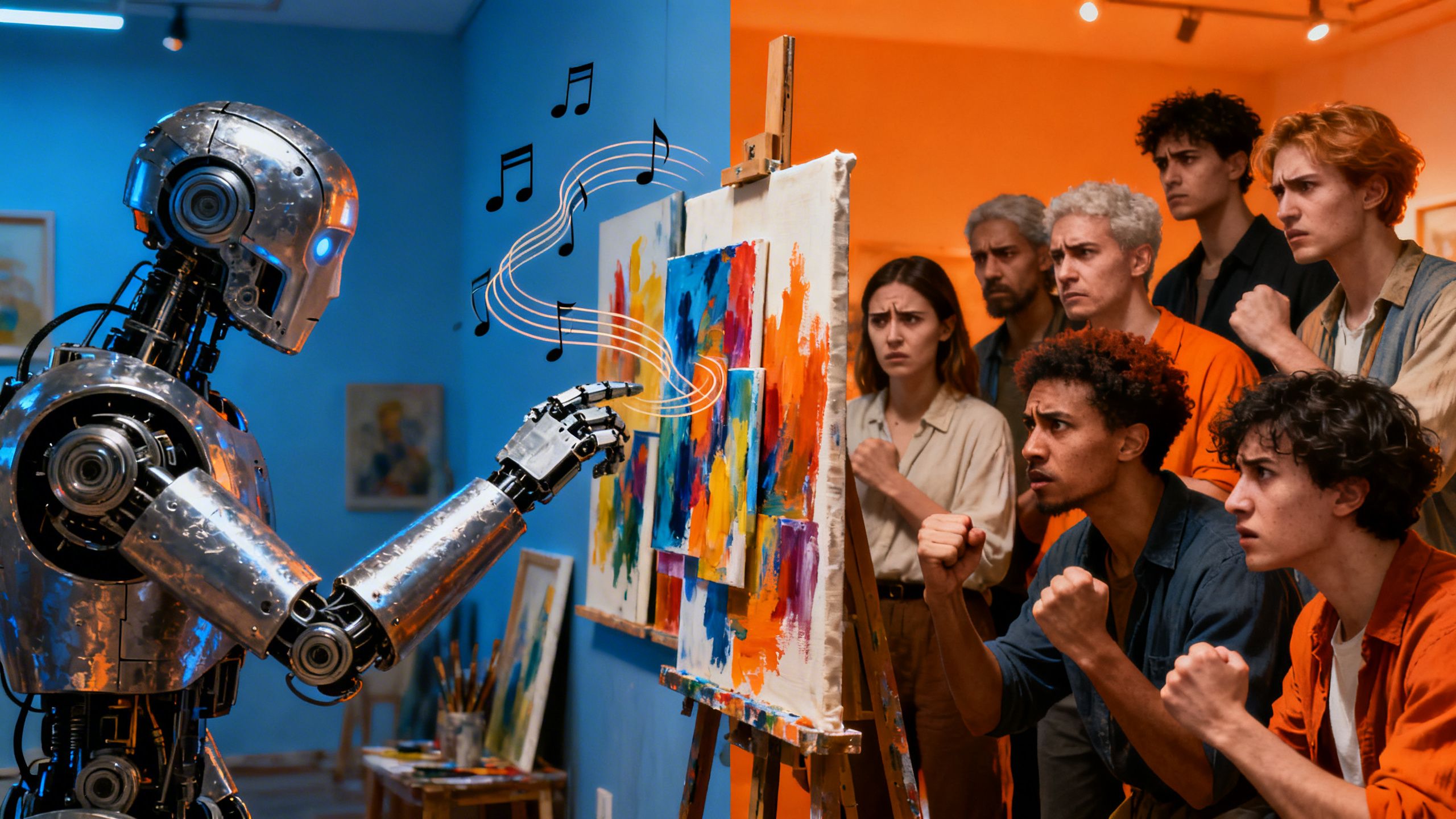 Gavel striking documents with AI robot head background.