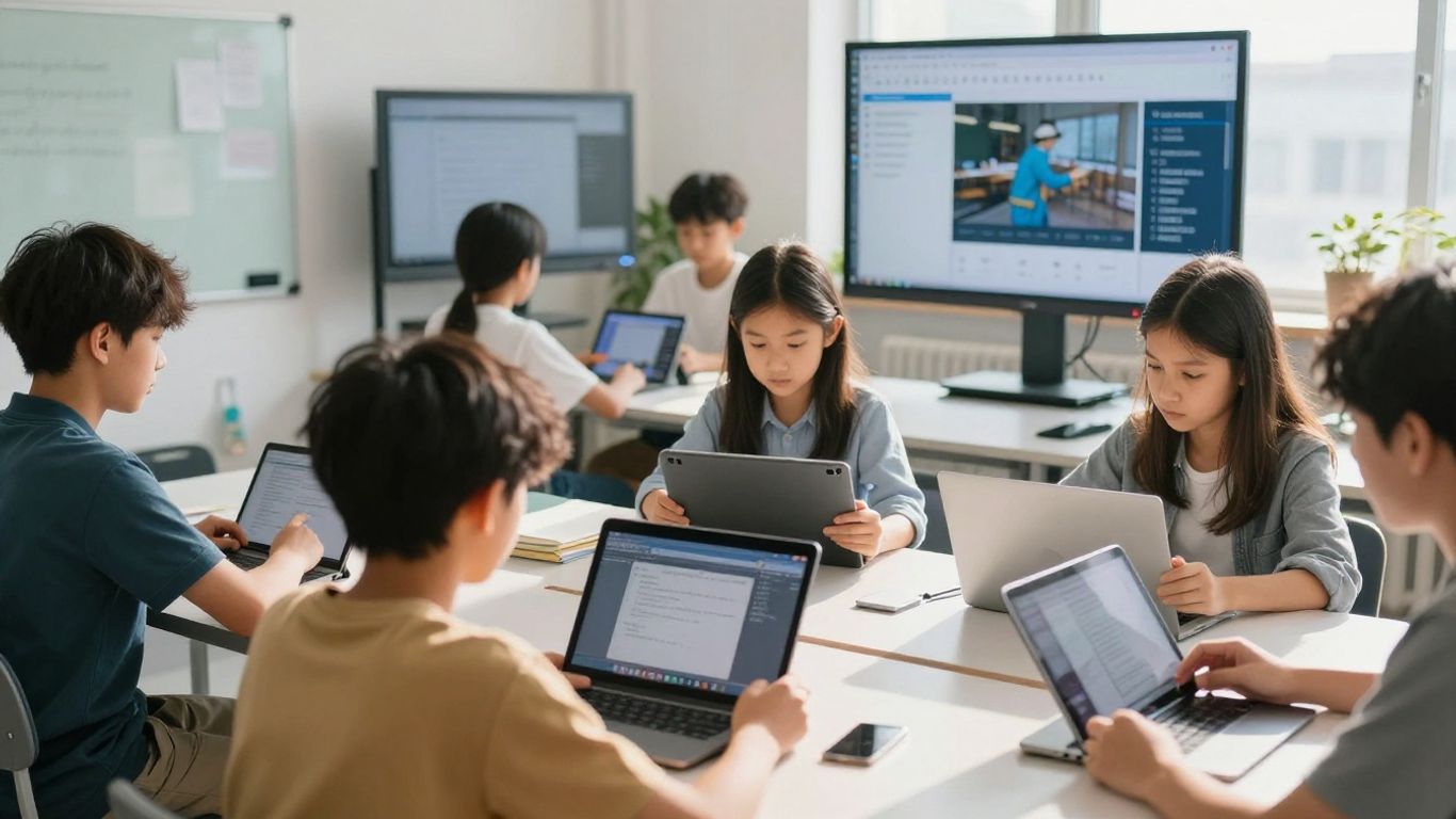 Elevi folosind tablete și laptopuri într-o sală de clasă modernă.